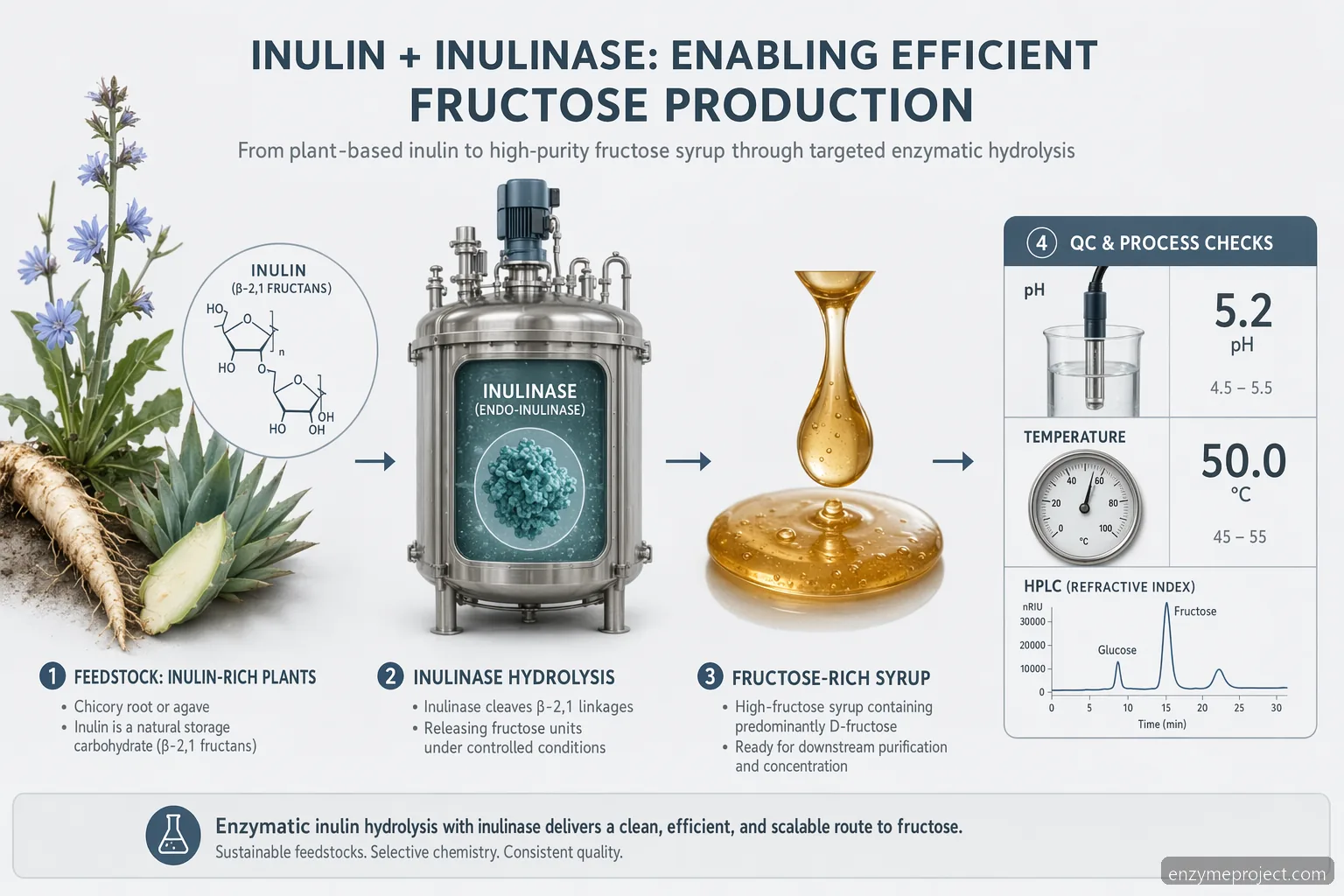what is inulin supplier guide infographic showing inulin feedstock, inulinase hydrolysis, fructose syrup and QC checks